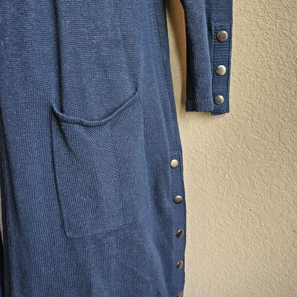 Wrap London Size US 10 longline Cardigan Blue Knit Silk Blend Pockets Snaps - Picture 3 of 5